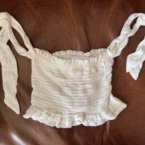 Chic White Smocked Crop Top with Tie Straps